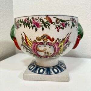 VTG WONG LEE WL 1895 Planter Floral Leaf Handle Cachepot Crackle Glaze Porcelain